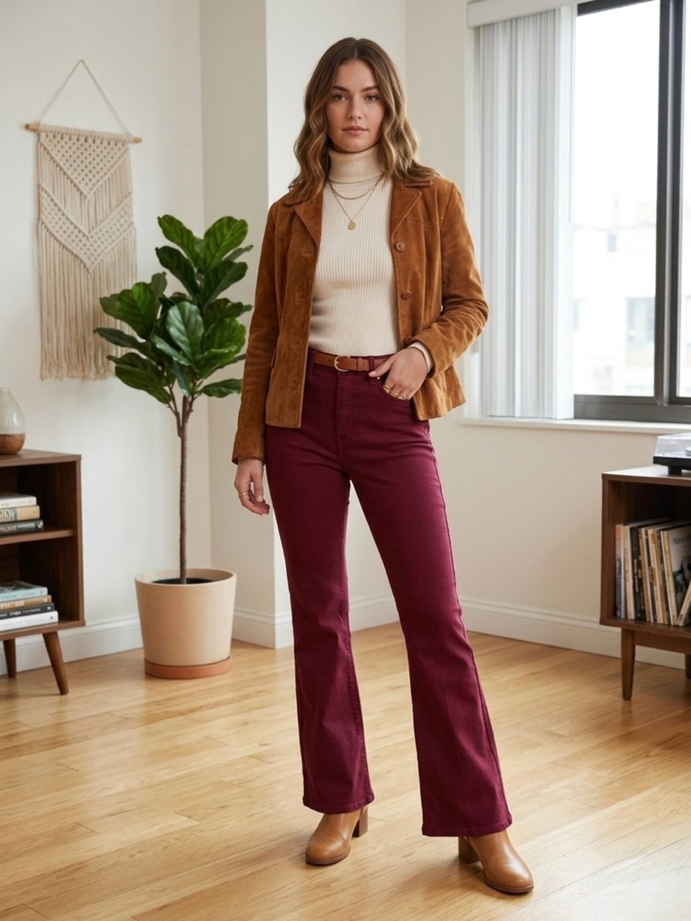Loft The Slim Flare High Rise Burgundy Pants Cherry Wine 70s Vibe Size 6/28